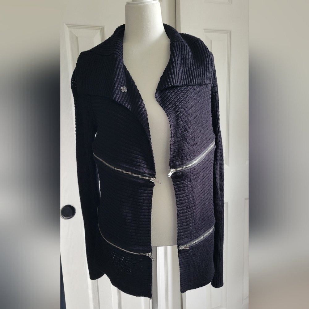 Rock & Republic Black Knit Open Front Cardigan Zipper Accents, Women's Small